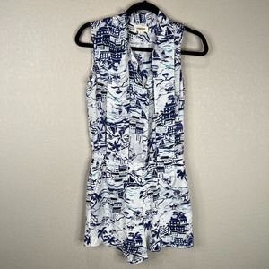 L'AGENCE‎ Women's Behati Printed Silk Romper One Piece In White/Blue Size 2